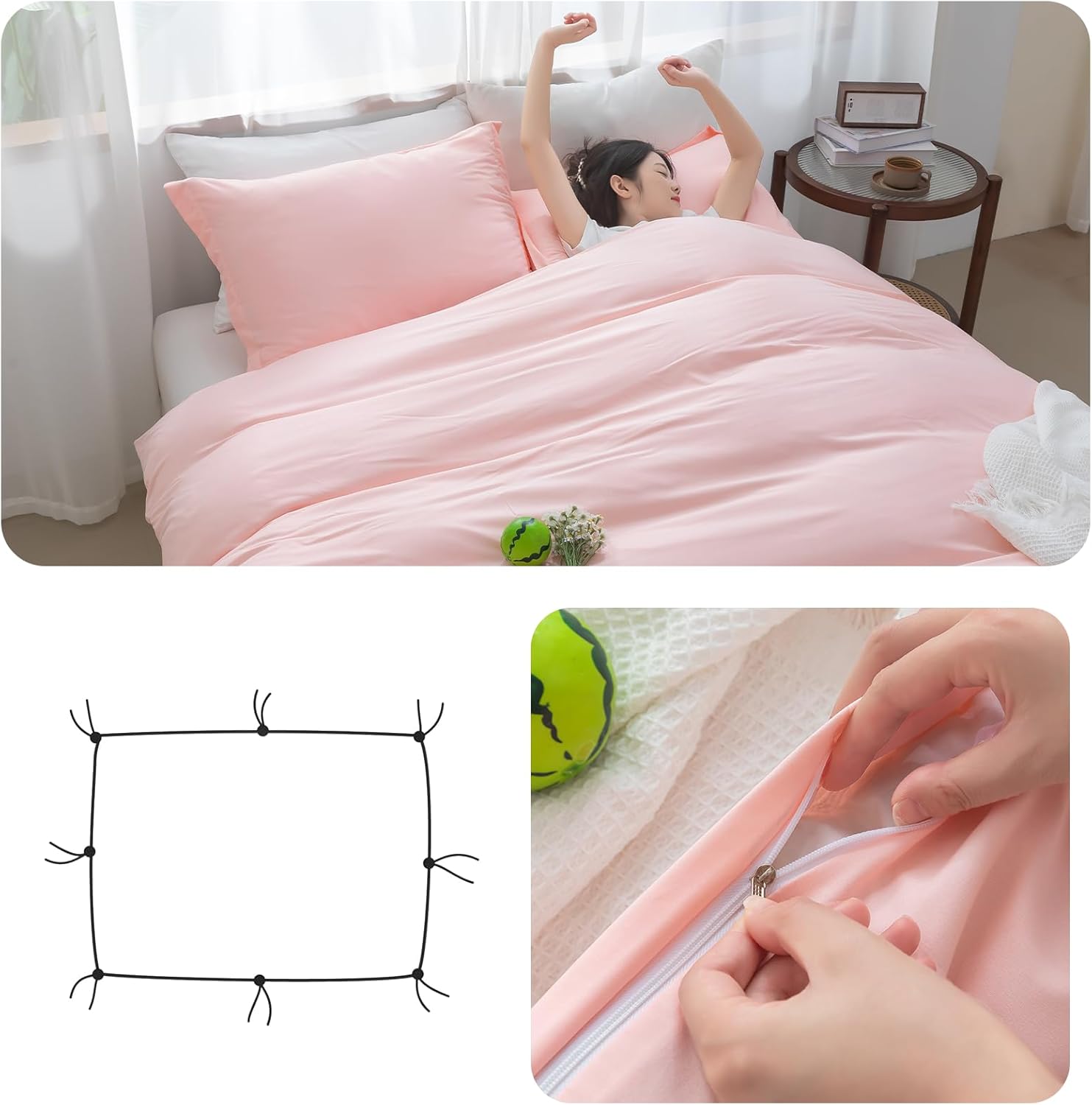 SheRest Pink Duvet Cover Full Size - Soft Brushed Microfiber, 3 Pieces, 1 Duvet Cover 80x90 Inches with Zipper Closure 8 Ties & 2 Pillow Shams, Breathable Bedding Set for All Season (No Comforter) - Image 5