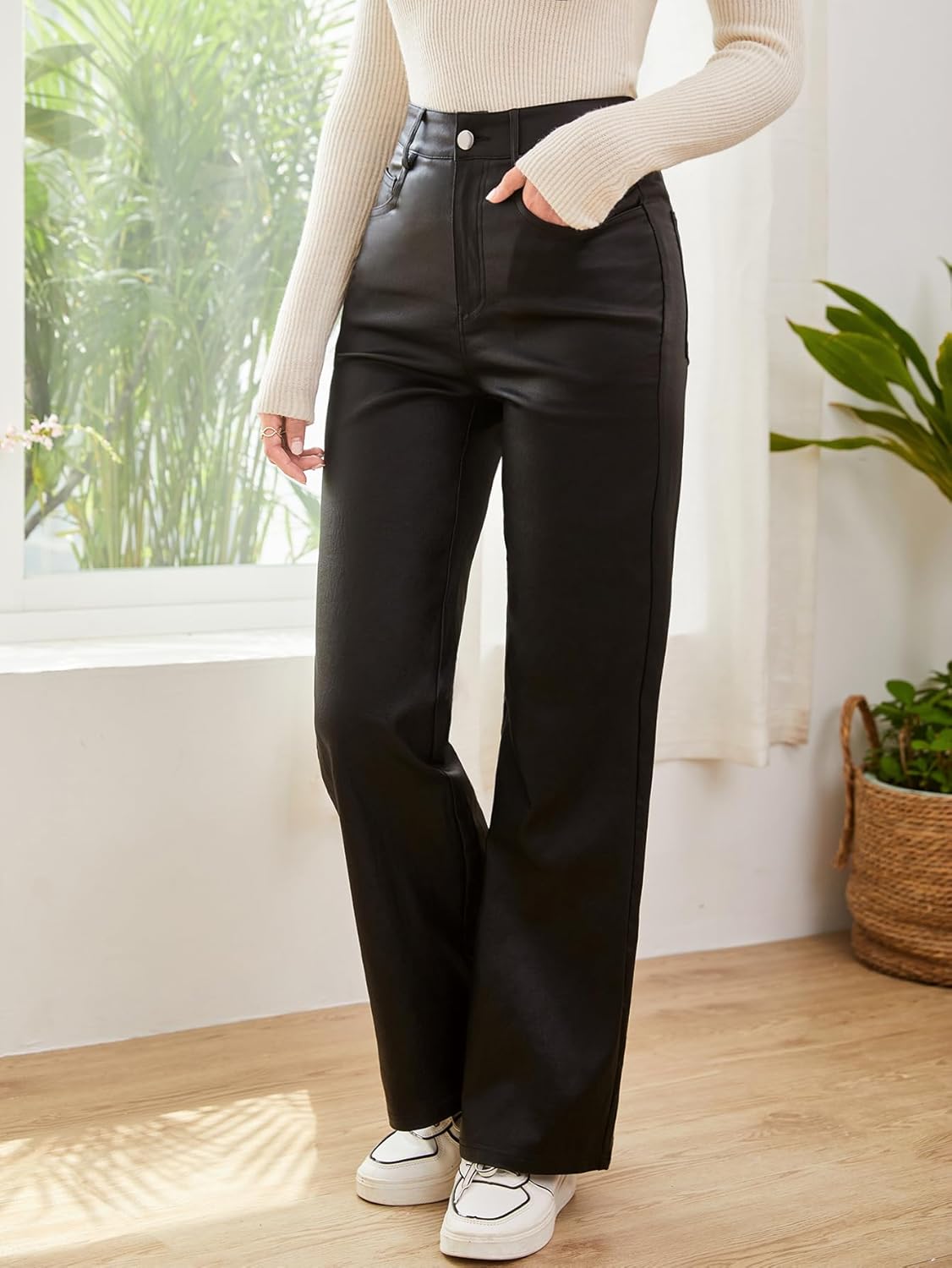 Verdusa Women's High Waist Leather Leggings Pocket Straight Wide Leg PU Pants - Image 3
