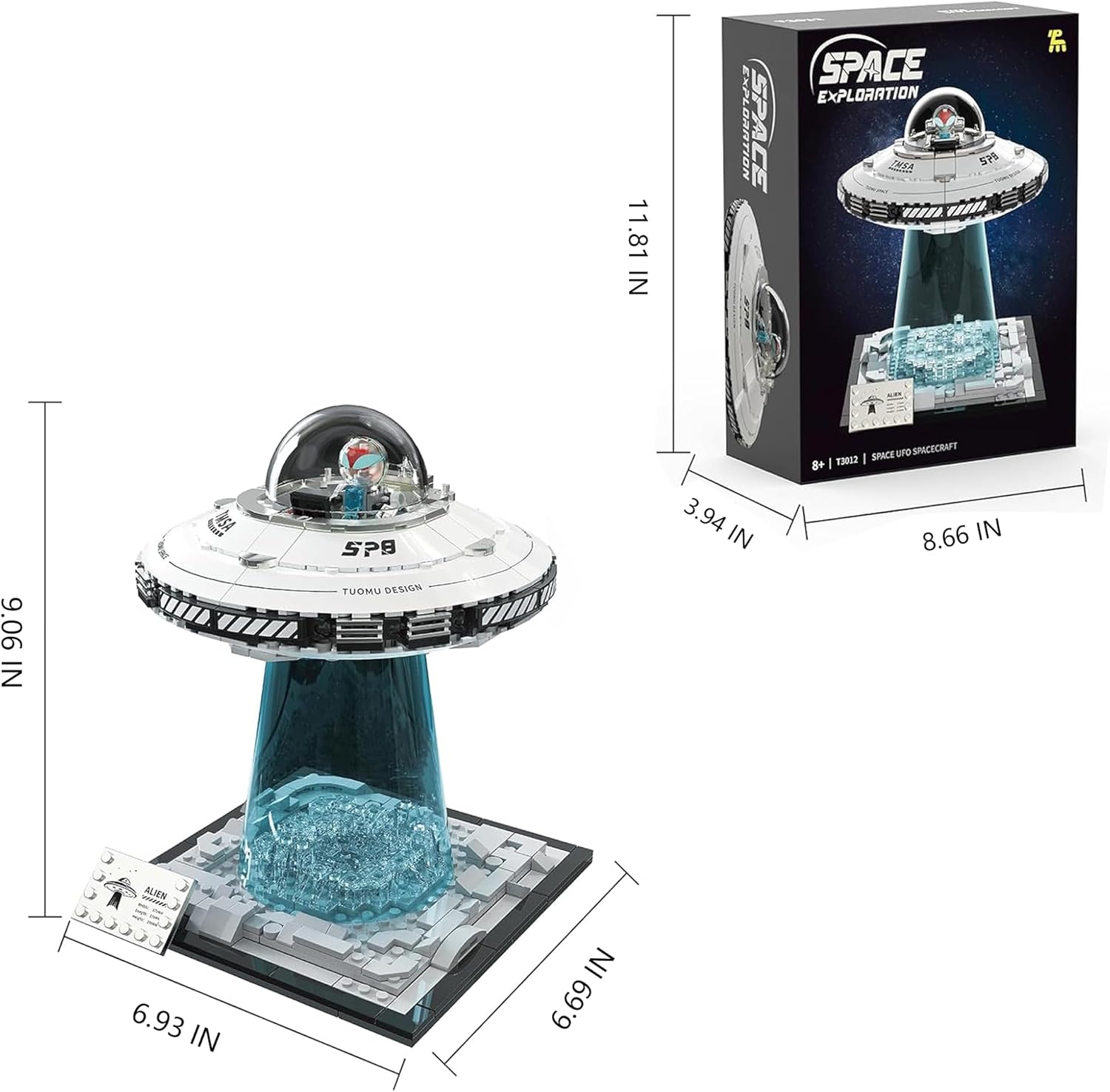 UFO Spaceship Building Block Set, Creative UFO&Alien Building Set, Space Exploration Spaceship Brick, Dual LED Lights and Transparent Base, Model for UFO Lover Collection,Gifts for Ages 8+