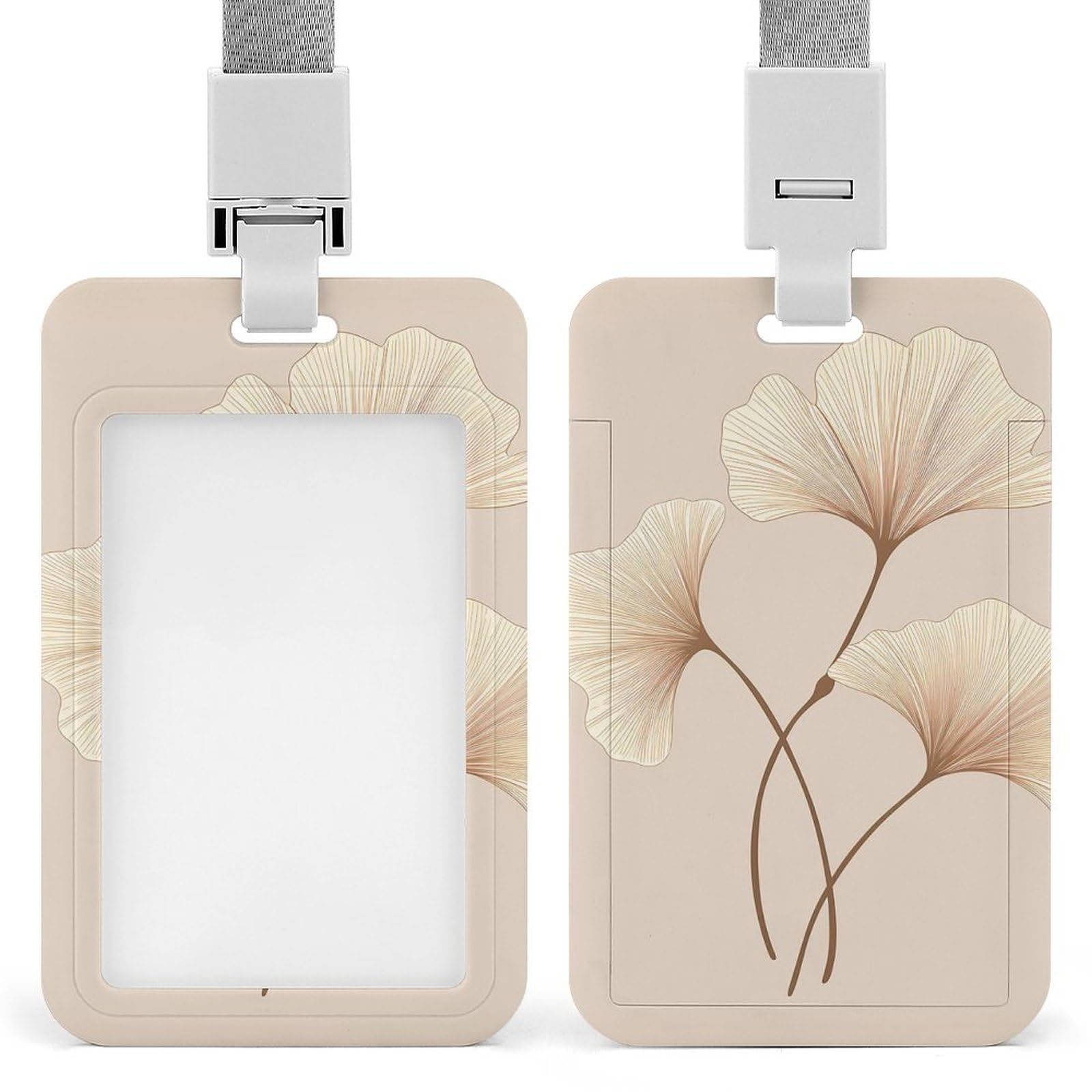 ID Card Holders for Lanyard,Brown Ginkgo Leaves Printed Badge Holder with Clear Window,Plastic Vertical Bus Pass Holders for Work Teacher Nurse Employees Proximity Key Cards Women Men — image 1