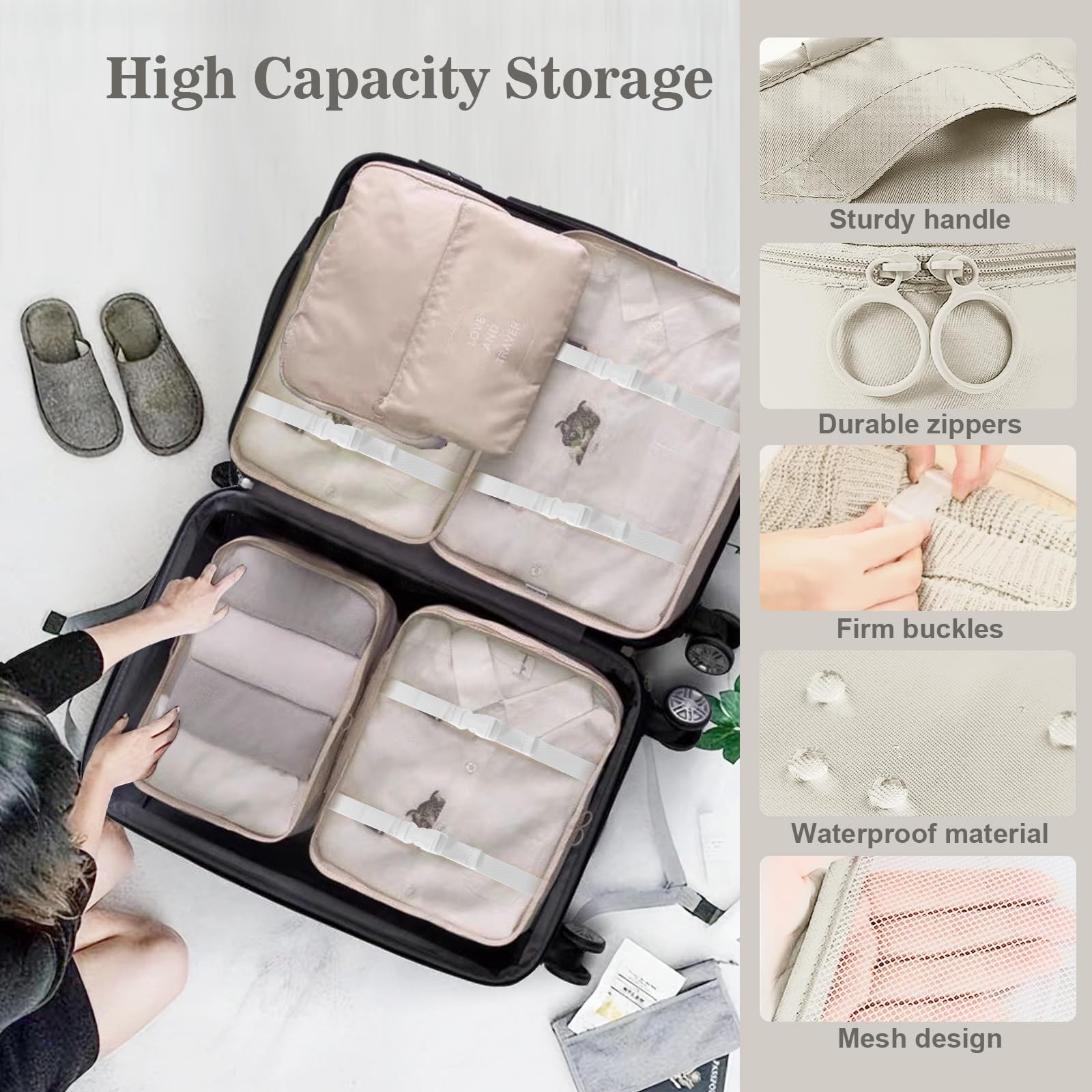 GIBOHOM Organizer Valigia, 15 Pezzi Set Organizer per Valigia, Packing Cubes per Vacanze e Viaggi, Divisori Valigia con Tasche Trasparenti, Beige