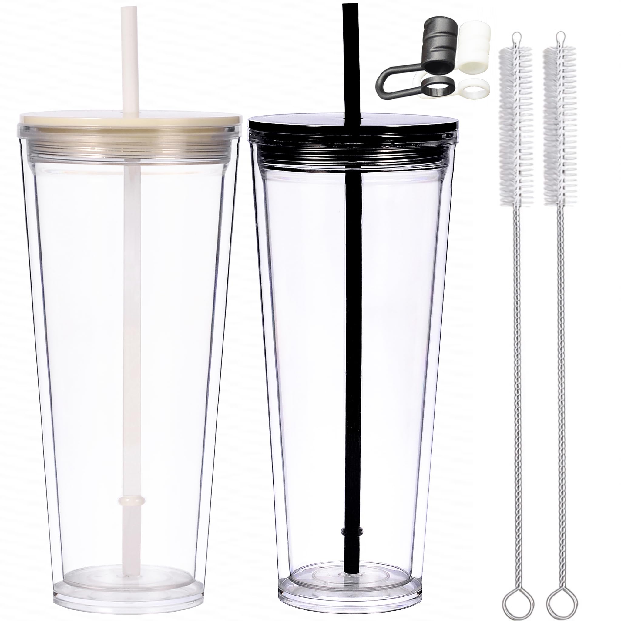 CuppaLifes 710ml Reusable Tumbler with Straw and Lid, 2 Pack Insulated Cup for Iced Coffee, Hot/Cold Drink, Plastic Travel Mug for Office, Travel, Camping, Beach, Outdoor (2, White, Black)