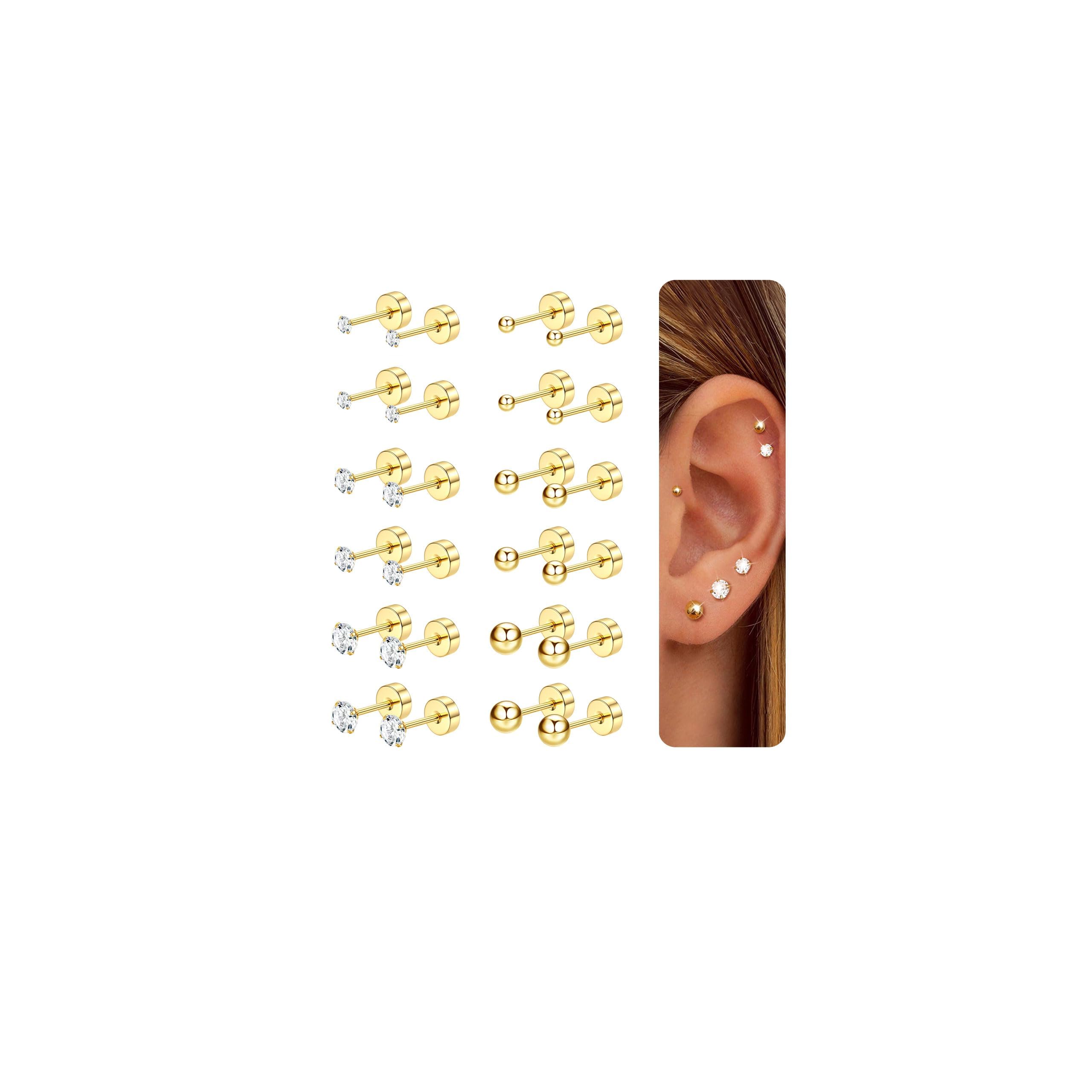 CASSIECA 5 Paar Edelstahl CZ Ohrstecker – Mit Zirkonia, 18G, Flacher Rücken (Screwback), Für Damen Und Herren, Helix Und Knorpel
