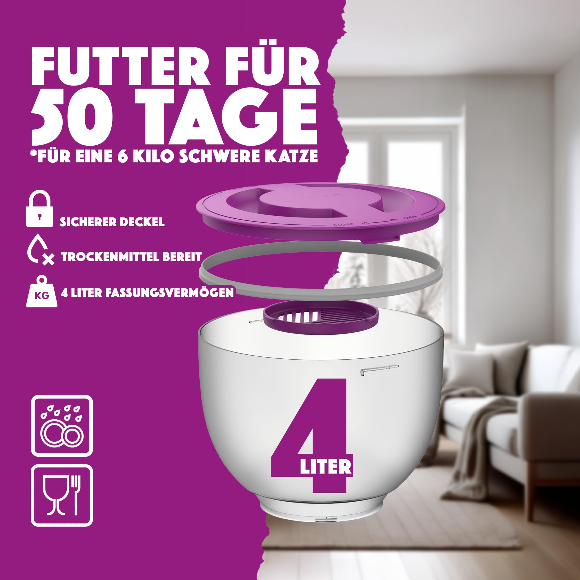 Petrebels Futterautomat Katze, Programmierbar, Mit Sprachaufnahme, 4 Liter, Touchscreen, Food-Express 515 Schwarz