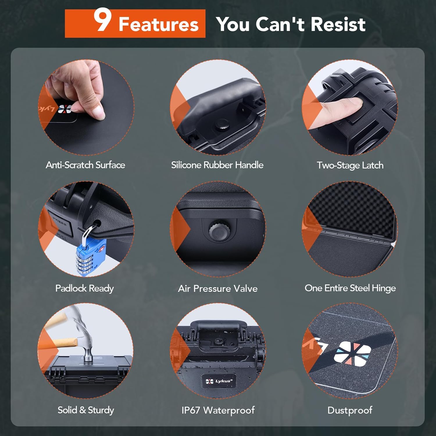 Lykus HC-3511 Waterproof Hard Case with Customizable Foam Insert, Interior Size 13.74x9.72x5.31 in, Suitable for camera,lens,drone,mic,flashlight,telescope,action cam,electronics,tools,and more - Image 5