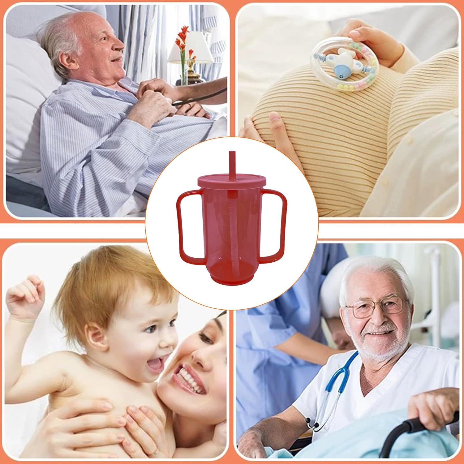 Adult Sippy Cup for Elderly 12oz No Spill Cups for Adults 2 Handles Dysphagia Cups with Straw for Disabled Patients, Red - Image 5
