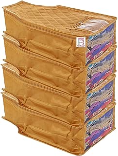 atorakushon 4 Piece Fabric Satin Blouse Cover Clothes Storage Bag Set With Transparent Window Wardrobe Garments Organizers (Golden)