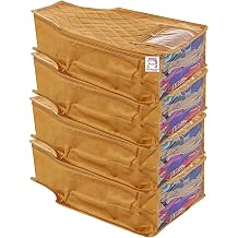 atorakushon 4 Piece Fabric Satin Blouse Cover Clothes Storage Bag Set With Transparent Window Wardrobe Garments Organizers Golden