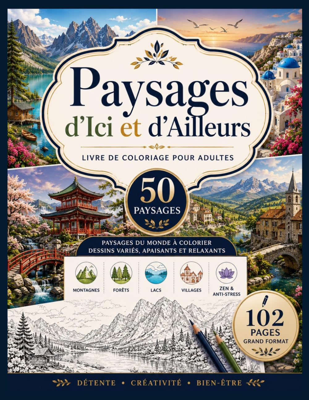 Paysages d’Ici et d’Ailleurs: Livre de Coloriage pour Adultes 50 paysages du monde à colorier | Dessins relaxants et apaisants de montagnes, villages, ... Cahier anti-stress – Grand format, 102 pages