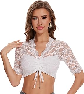 BATHRINS Dirndlbluse Damen Spitze Trachten Dirndlbluse Weiß Halbarm Dirndlblusen für Damen Oktoberfest Trachten Bluse