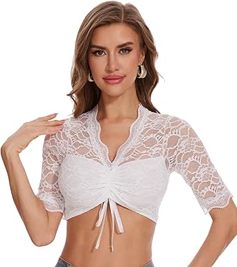 Dirndlbluse Langarm Mit Spitze - Weiß Trachtenbluse Für Oktoberfest