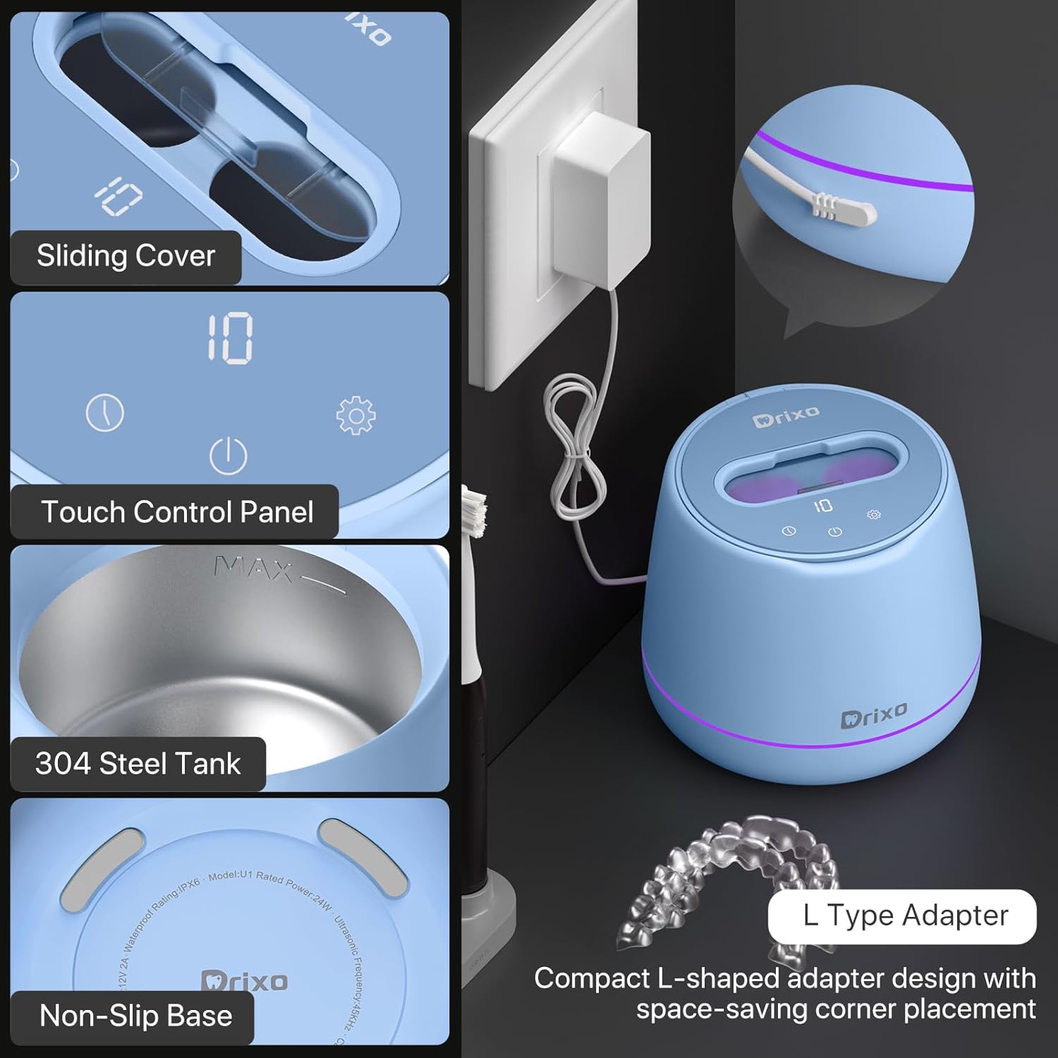 Drixo Ultrasonic Retainer Cleaner Machine, IPX6 Waterproof Dental Cleaning Pod, 3 Modes Denture Cleaner for Night Guard Mouth Guard Braces, 45kHz Cleaner with UV Light, 200ML Tank, Blue