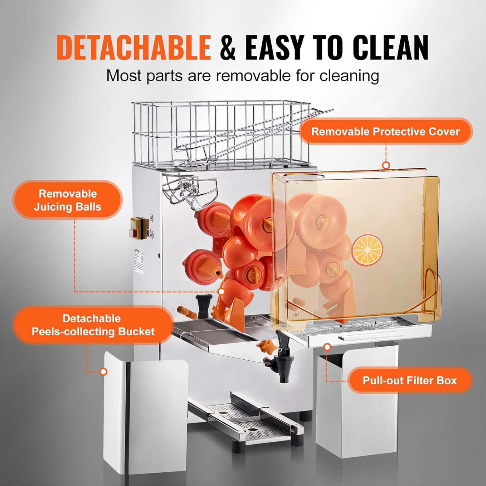 Machine à jus d'orange automatique commerciale,Avec robinet,Presse-agrumes automatique acier inoxydable,pouvant presser 20 oranges par minute,avec boîte filtre extractible,2seaux récupération