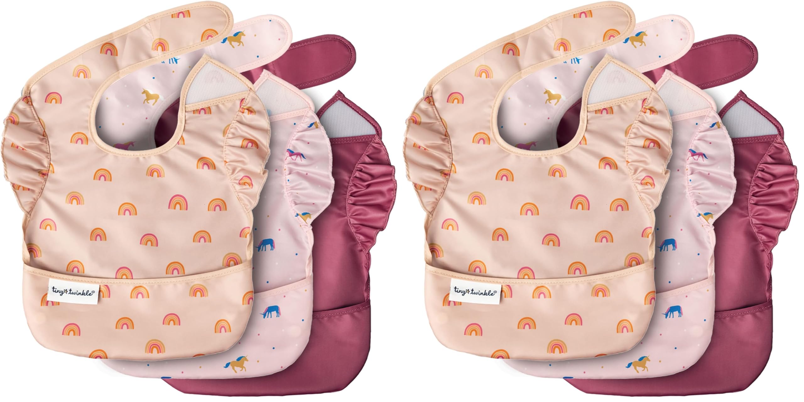 Tiny Twinkle Mess-Proof Baby Bibs for Eating | Waterproof, Wipeable Toddler Bibs with Catch-All Pocket | Feeding Bibs for Girls &amp; Boys(6 Pack,Unicorn)