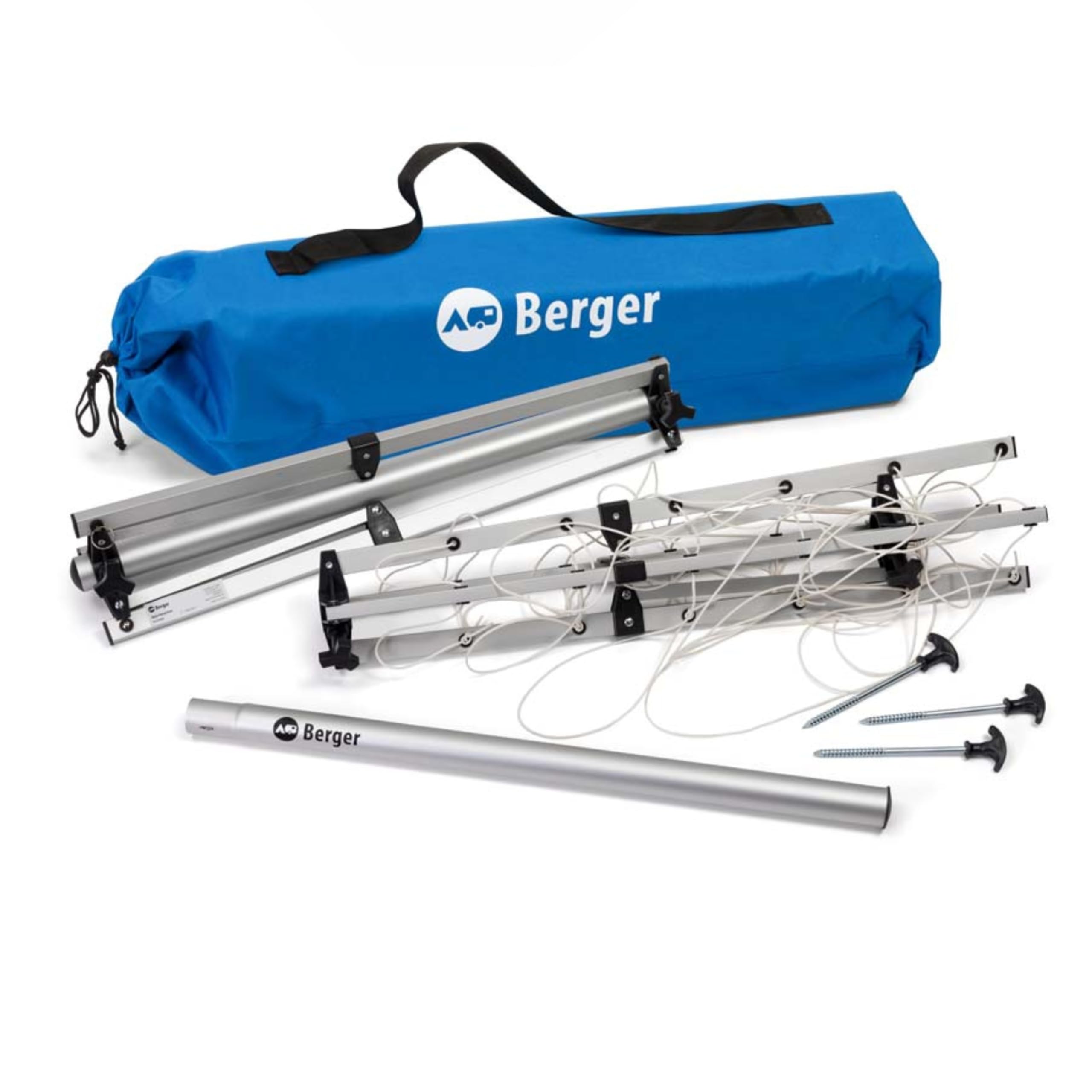 BERGER Super Pop Up Wäschespinne & Sat-Stativ wetterfest leicht Wäscheschirm Wäscheständer Standfuß inkl. Packsack Erdnägeln Camping Balkon Silber