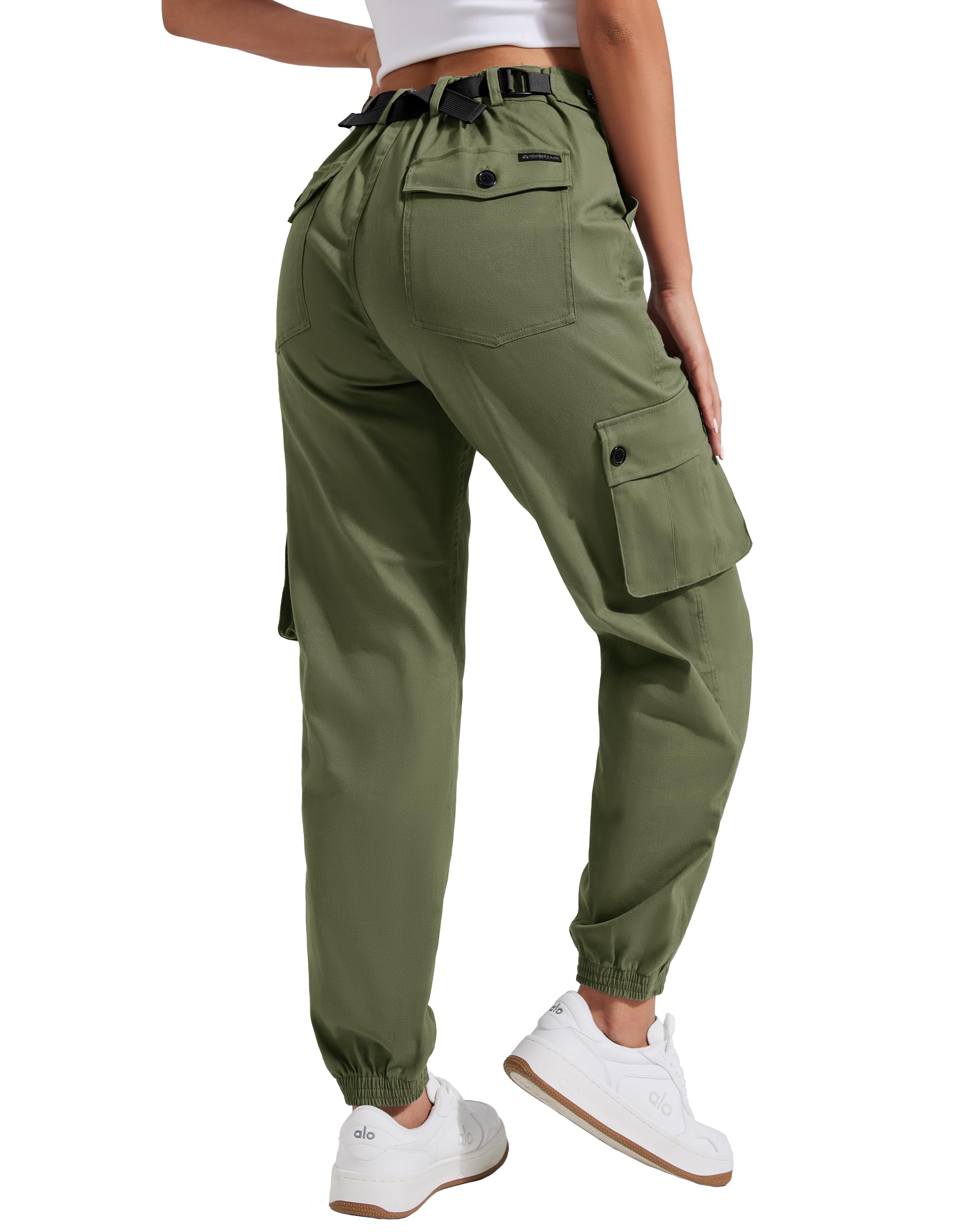 Pioneer Camp Women's Stretchy Cargo Pants with Pockets High-Rise Casual Hiking Cotton Joggers Adjustable Waistband with Belt