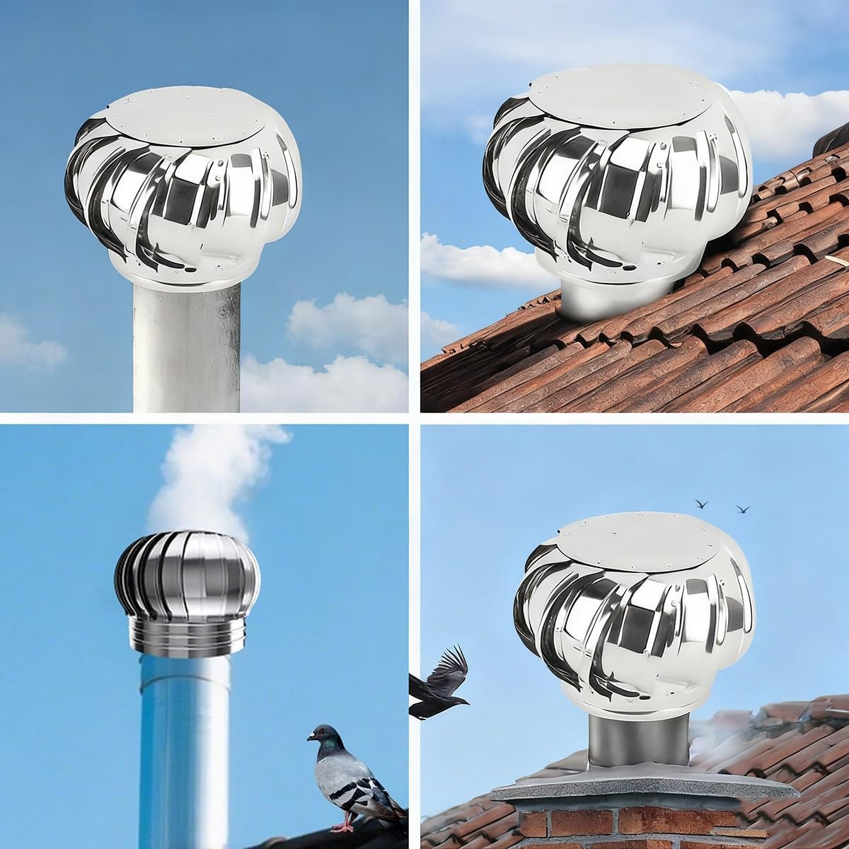 Stainless Steel Chimney Cap Rotating Chimney Cowl 4in 6in 8in 10in 16in 20in Weatherproof Fireplace Screen Cover for Bathroom Kitchen Exhaust Duct Easy Installation(6.3in/160mm)