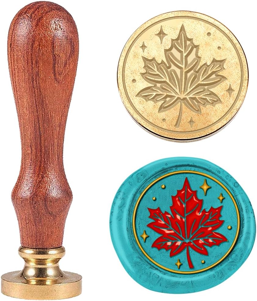 3D Maple Leaf Autumn Wax Seal Stamp 1" Removable Brass Seal Head with Wooden Handle Vintage Embossed Sealing Wax Stamp for Envelope Letter Invitations Fall Festival Gift Card Decor