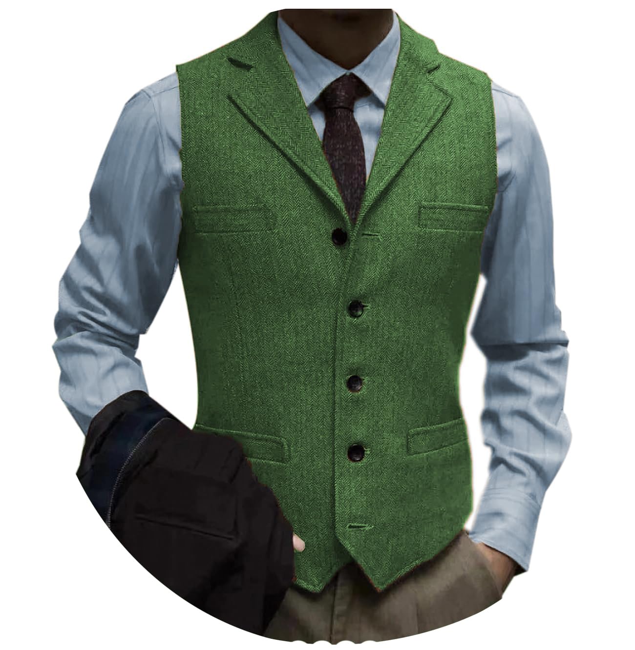 Tuikayoo Men's Tweed Suit Vintage Vest Herringbone Wool Prom Waistcoat Groomsmen, Green, S