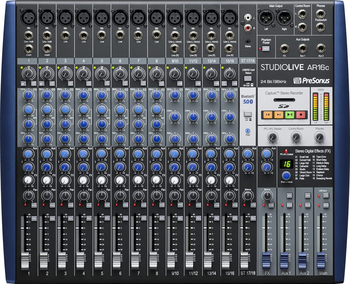 PreSonus StudioLive AR16c Mezclador Analógico/Interfaz de Audio 18 Canales Compatible USB-C/Grabador SD Estéreo