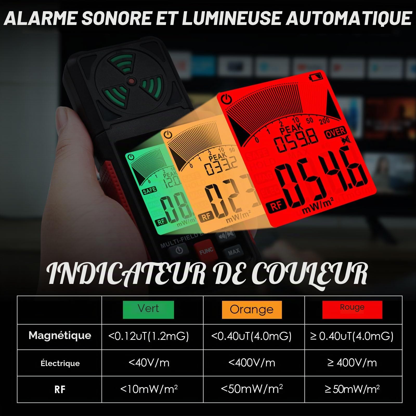 Compteur EMF ELF RF 3 en 1, détecteur de champ de rayonnement magnétique électrique AC, détecteur RF portable pour signal EF/RF/MF/WiFi/micro-ondes, compteur de rayonnement Emf adapté pour la maison
