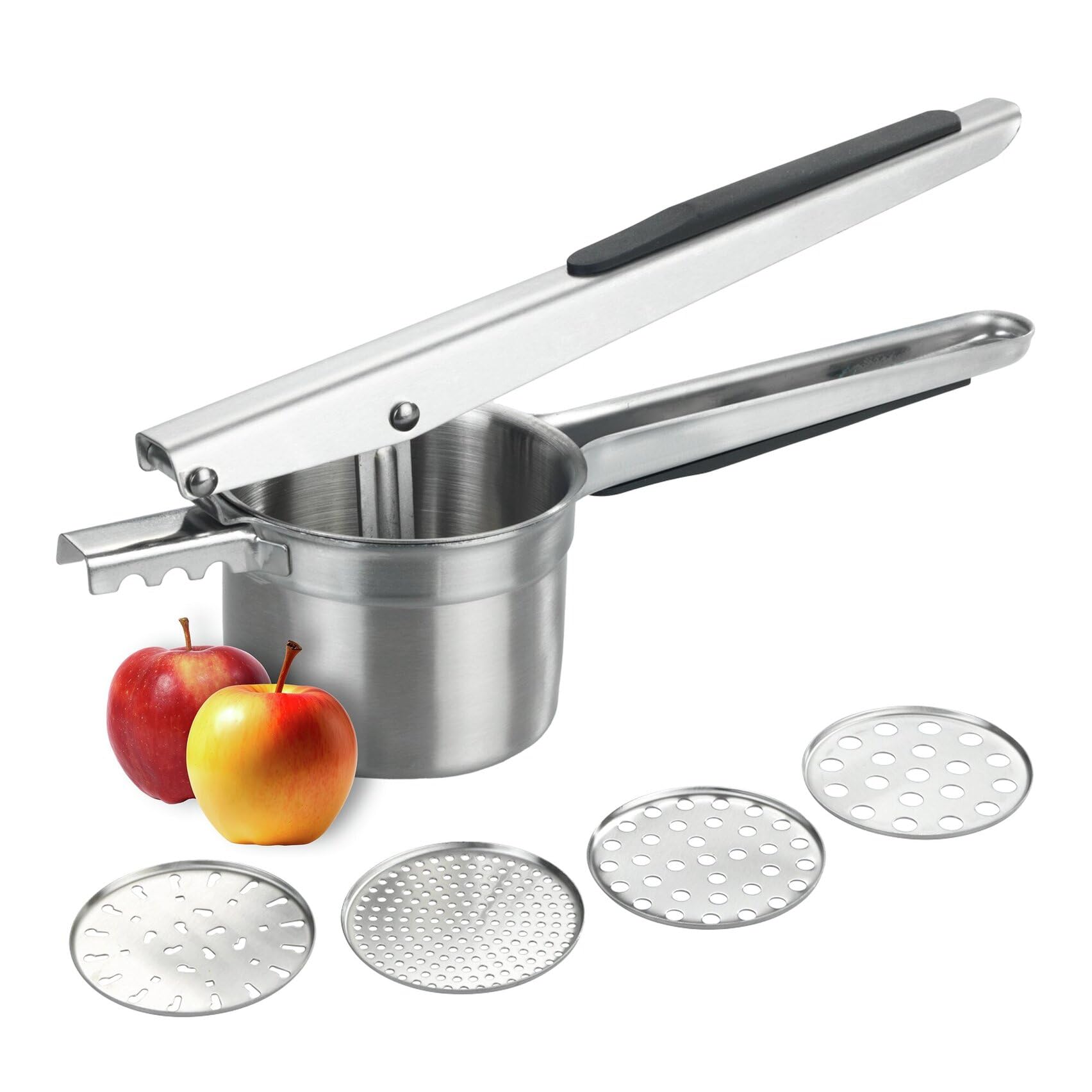 Multi-Presse XL aus Edelstahl, große Kartoffelpresse und Küchenpresse mit 4 Einsätzen, 330 ml Volumen, rutschfeste Silikon-Griffe, spülmaschinengeeignet