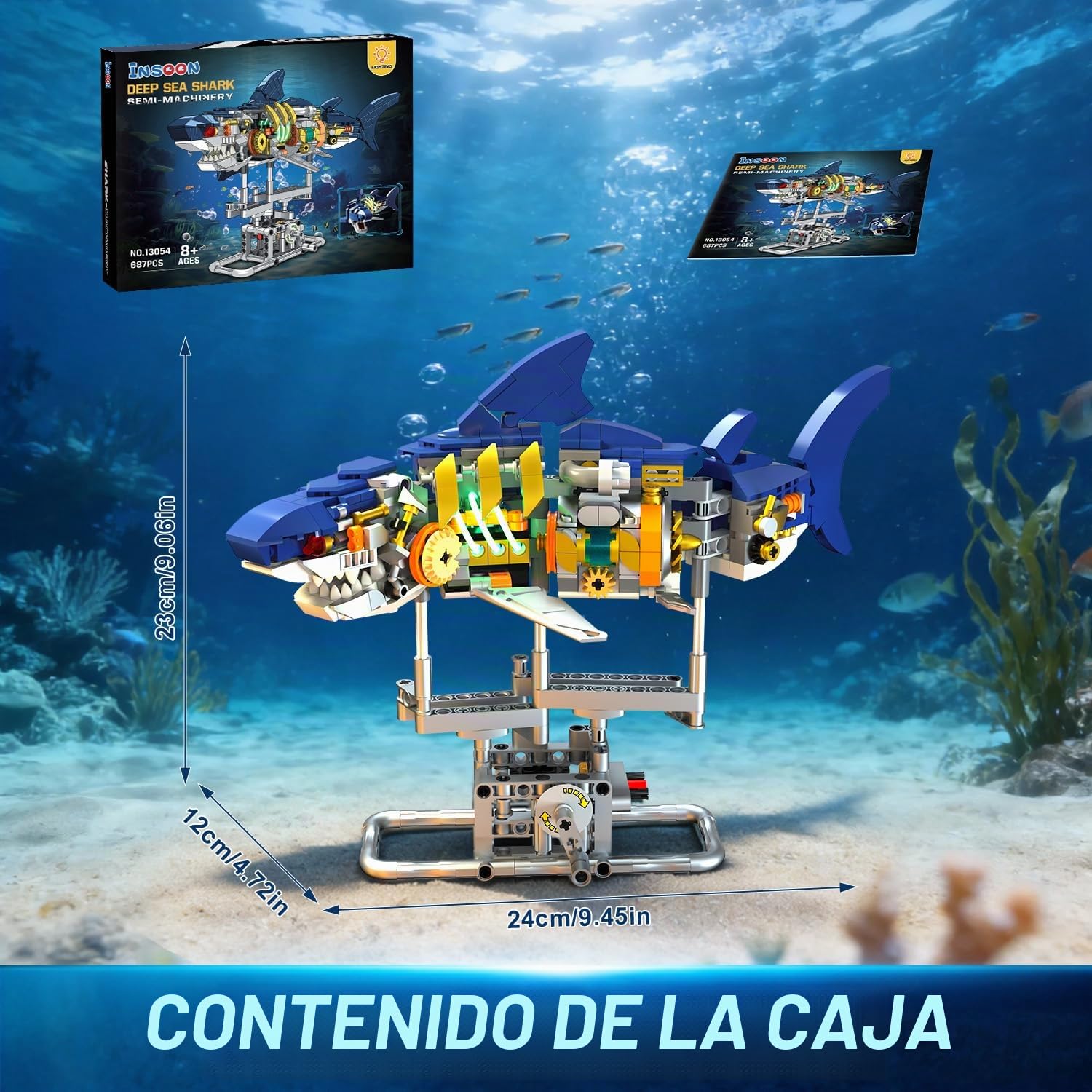 INSOON Juego de construcción de tiburón mecánico con luz LED, 687 Piezas de Animales oceánicos móviles con Soporte de exhibición, Juguete de Bloque de construcción de Peces de mar, Regalo de