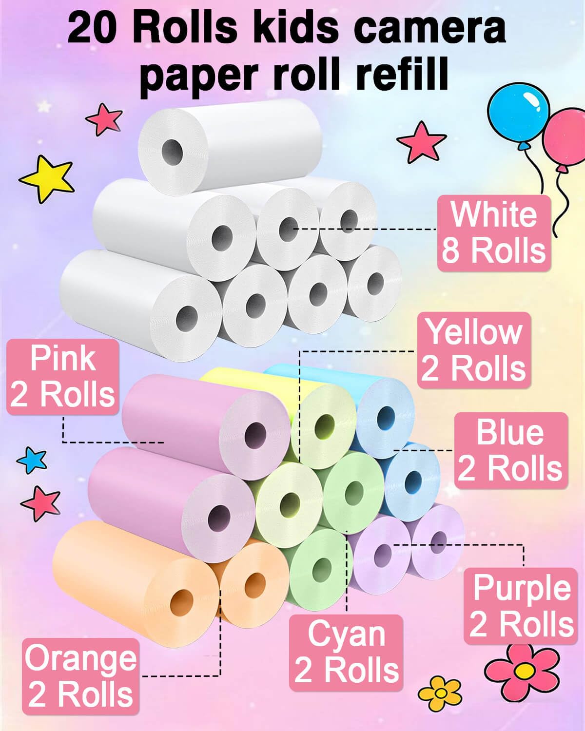 Lot de 20 rouleaux papier d'impression instantané Kidizoom HD 2,5 x 5,7 cm sans BPA