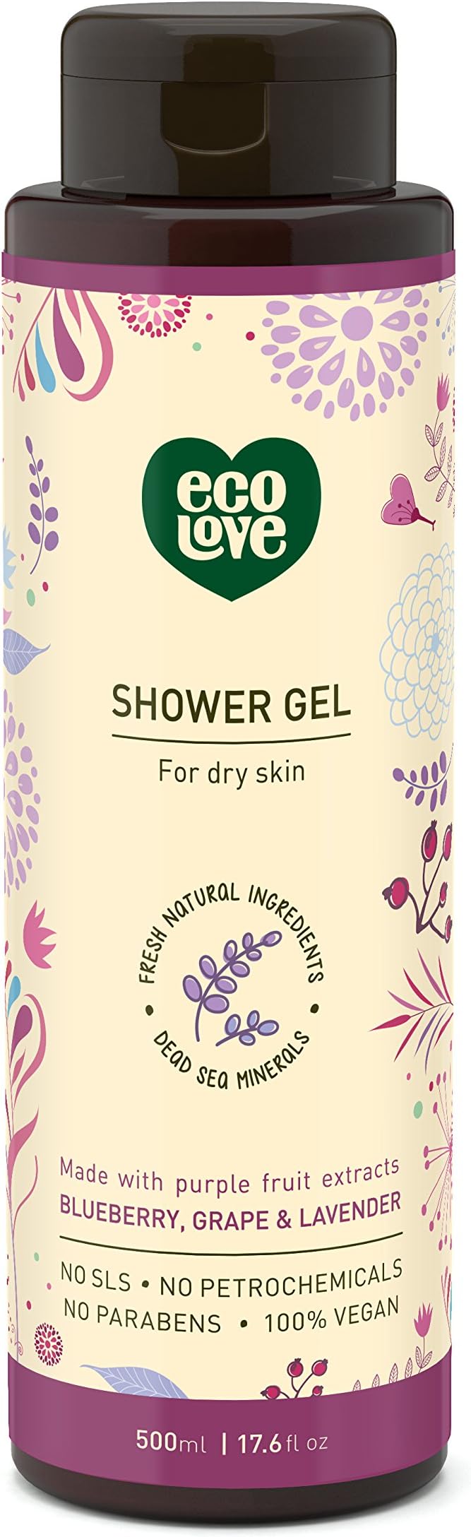 ecoLove - Natural Moisturizing Body Wash for Dry Skin - Organic Blueberry, Grape & Lavender - No SLS or Parabens - Vegan and Cruelty-Free Shower Gel, 17.6 oz