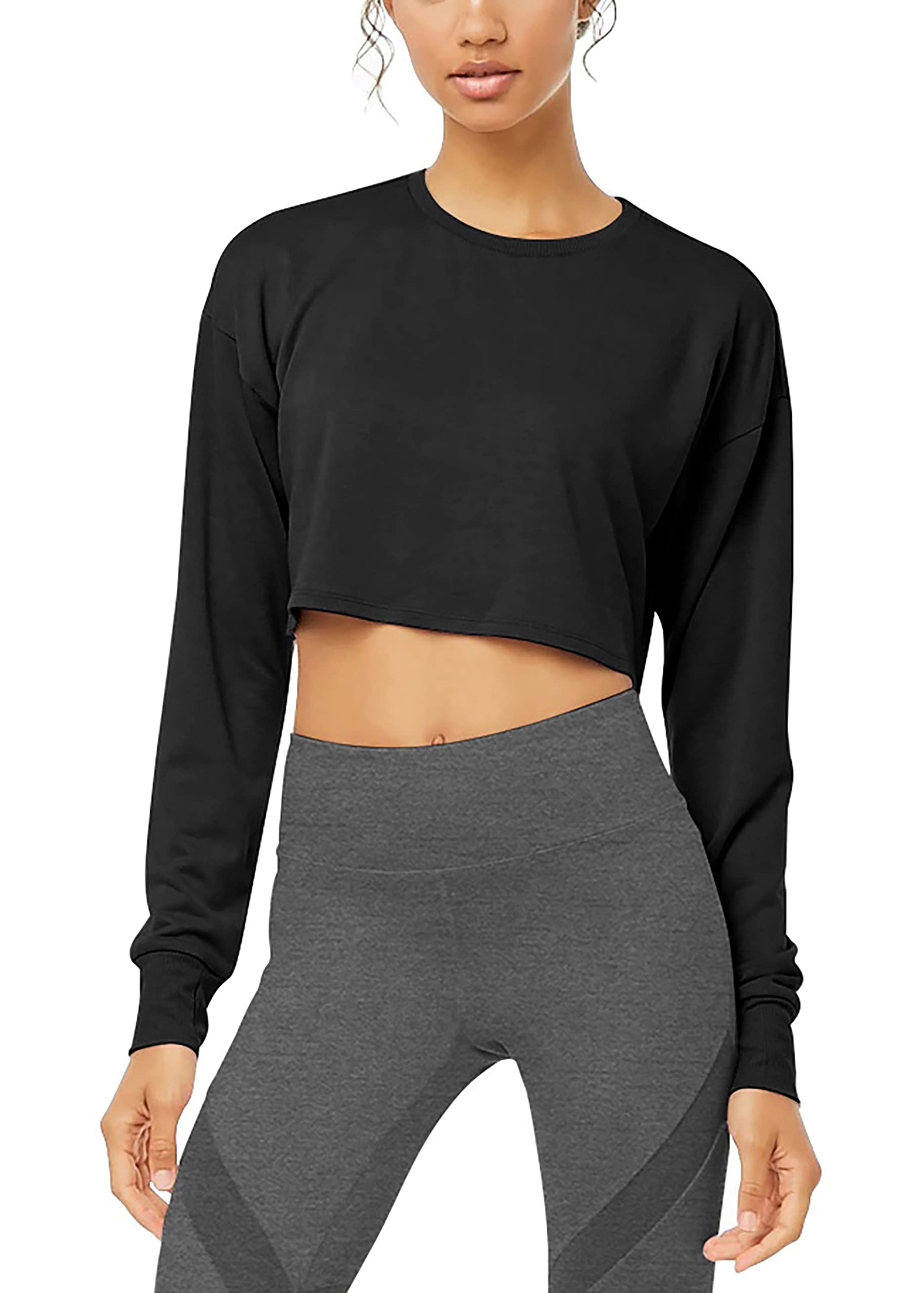 Bestisun - Camiseta de Manga Larga para Mujer, diseño atlético, con Agujeros para el Pulgar - Negro - Medium