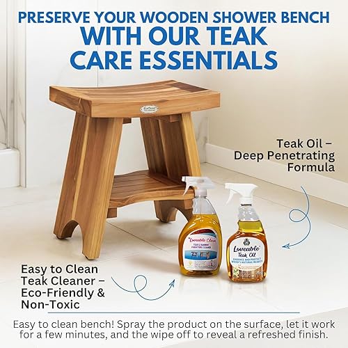 Miniatura 5 de EcoDecors Banco de ducha de teca de 18 pulgadas, capacidad de 300 libras, asiento de baño de madera impermeable con estante, asiento de spa para