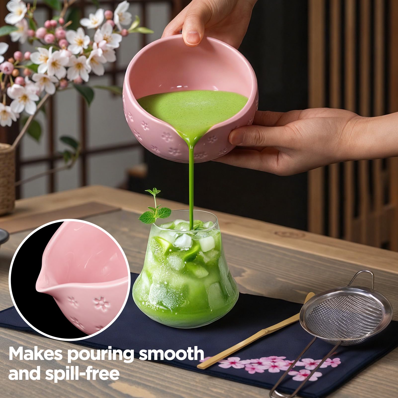 AANQQ Matcha Kit Rose: Matcha Set 7 Pezzi - 560ml Ciotola Matcha - Chasen - Cucchiaio Di Matcha & Matcha Setaccio, Kit Matcha Ideale Per Amanti Del Matcha E Principianti
