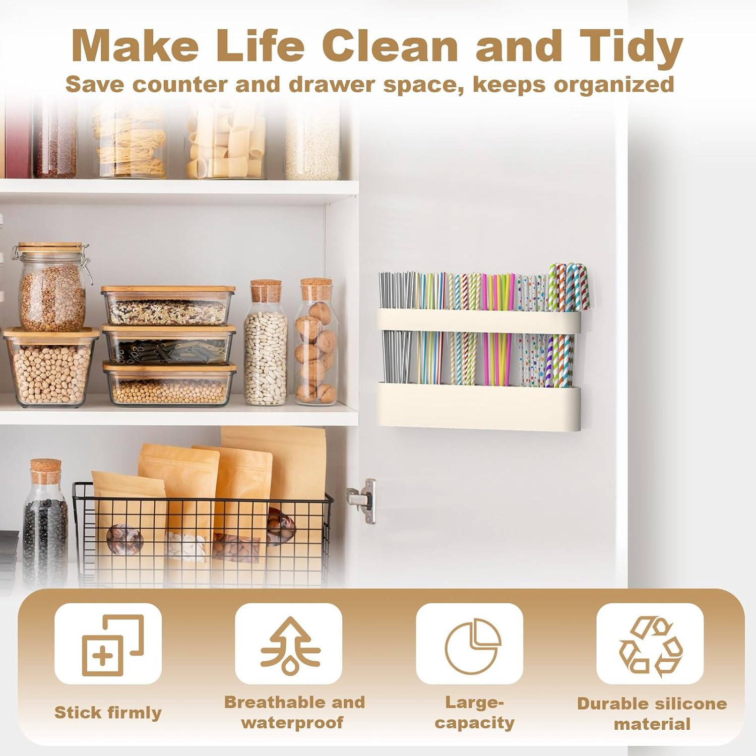 Silicone Straw Holder for Cabinet with Adhesive Tape, Straw Holder for Counter, Storage Organizer for Tumbler Drinking Straws, Cabinet Door Mounted Kitchen Countertop Cupboard Accessories (White) - Image 2