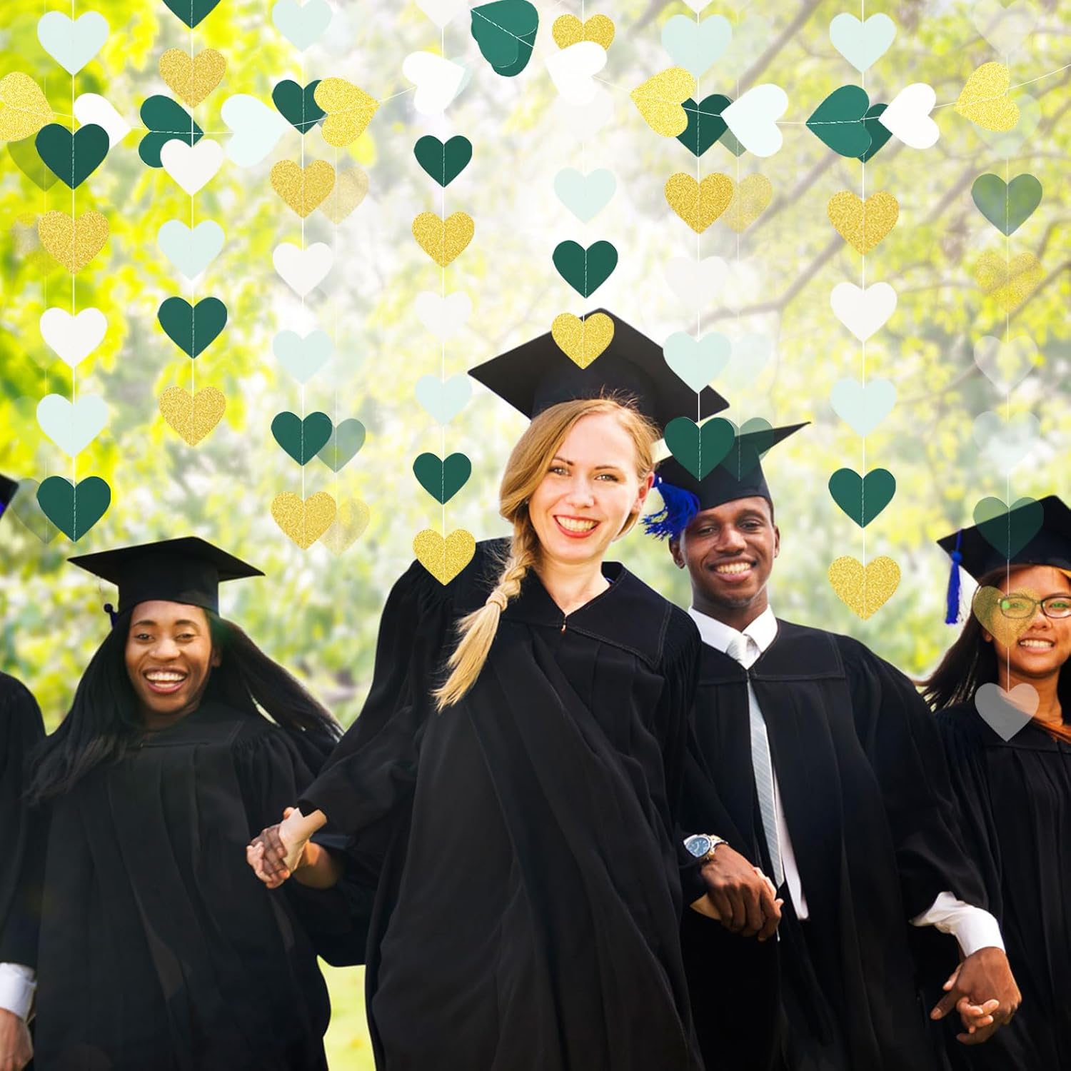 Sage-Green Mint Beige-Gold Love-Heart Garland, 39Ft Rustic Wedding Hanging Birthday Decor Streamers Banner, Bachelorette Bridal Shower Engagement Valentines Graduation Woodland Party Supplies - Image 8