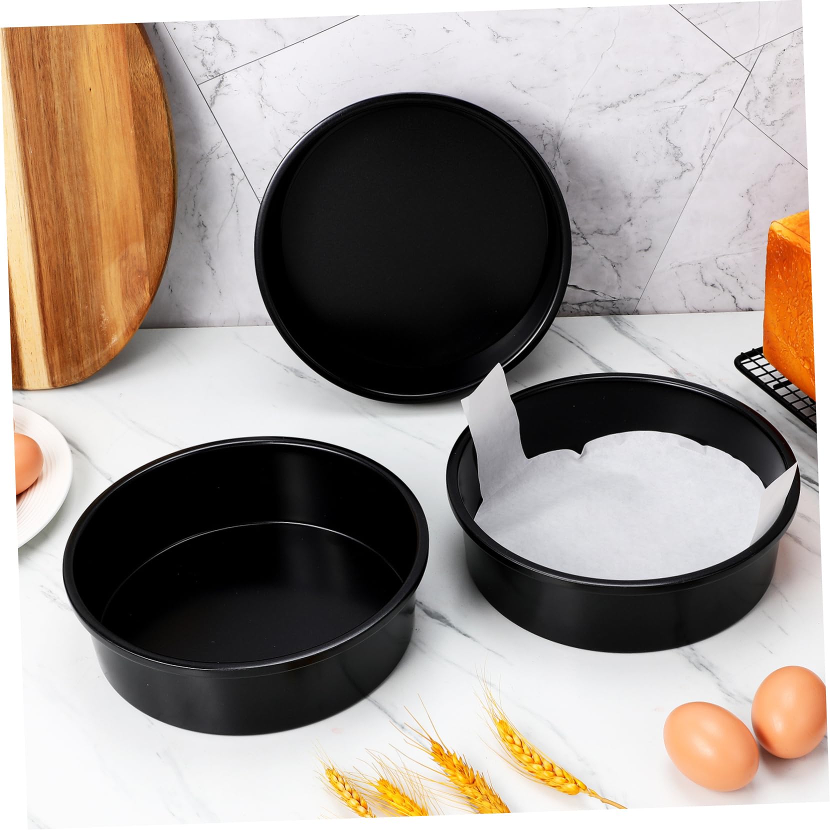 Moules à Gâteau Ronds Noirs Antiadhésifs avec 100 Feuilles de Papier Sulfurisé Lot de 3 en Acier au Carbone pour Desserts et Mariages