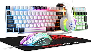 Wired Rainbow LED Backlit Keyboard and Mouse, Over Ear Headphone with Mic, Gaming Mice and Pad, for PC, Xbox and PS4 White/Black