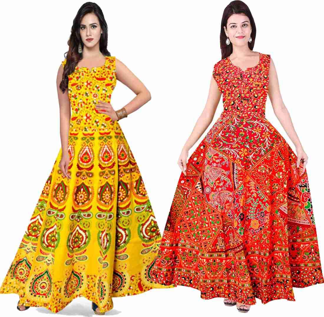 KANISHKA BOUTIQUE Women Fit and Flare Cotton Fabric Printed A-Line Maxi Midi Western Long Gown (pack of 2) jaipuri printed jaipuri dress-image-24