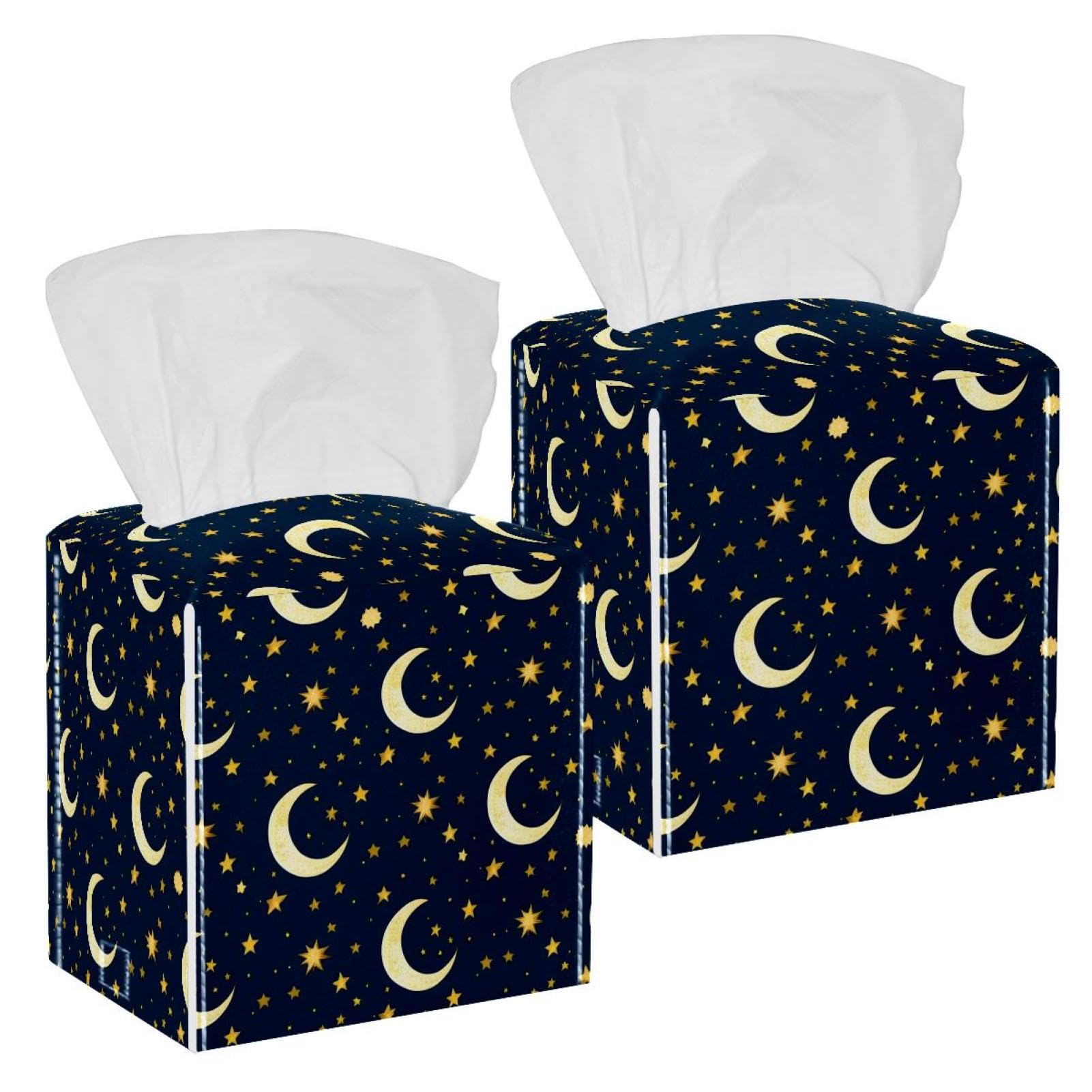Artistic Stars Tissue Box Cover, 2 Pack PU Leather Square Facial Tissue Dispenser Box holder for Home Office Car