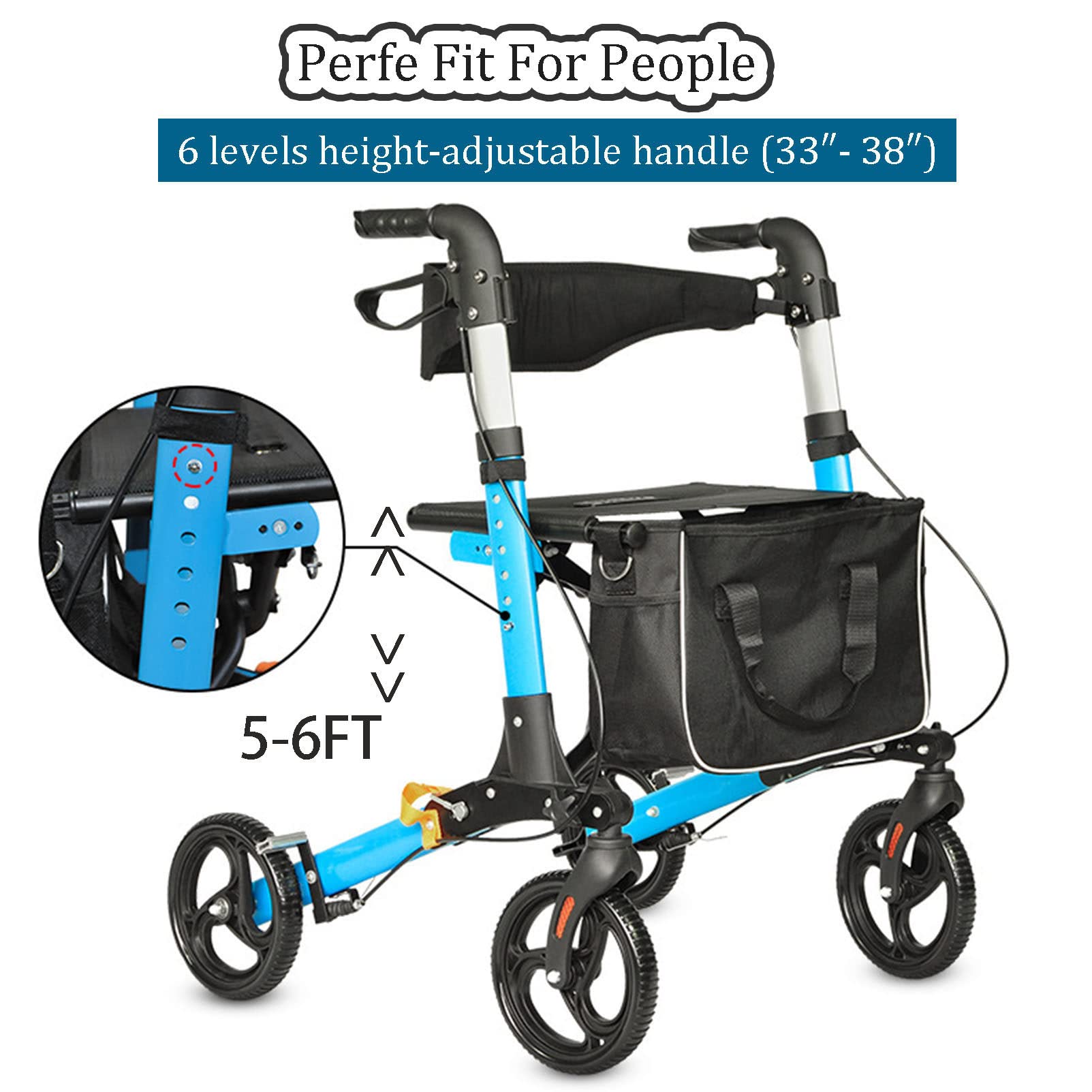 Deambulatore per Anziani Pieghevole, con Seduta e 4 Ruote, Rollator per Adulti o Disabili, Alluminio, Leggero