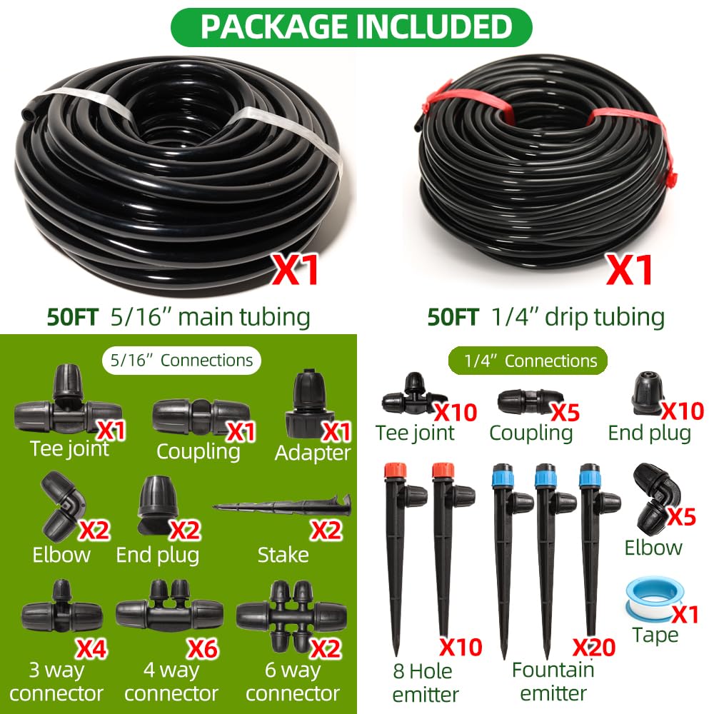 100Ft Drip Irrigation System Kit with 1/4 Inch 5/16 Inch Irrigation Tubing Hose Watering Kit Locked Fittings 360 Degree Micro Drip Sprayer Automatic Irrigation Equipment for Small Farm, Raised Bed