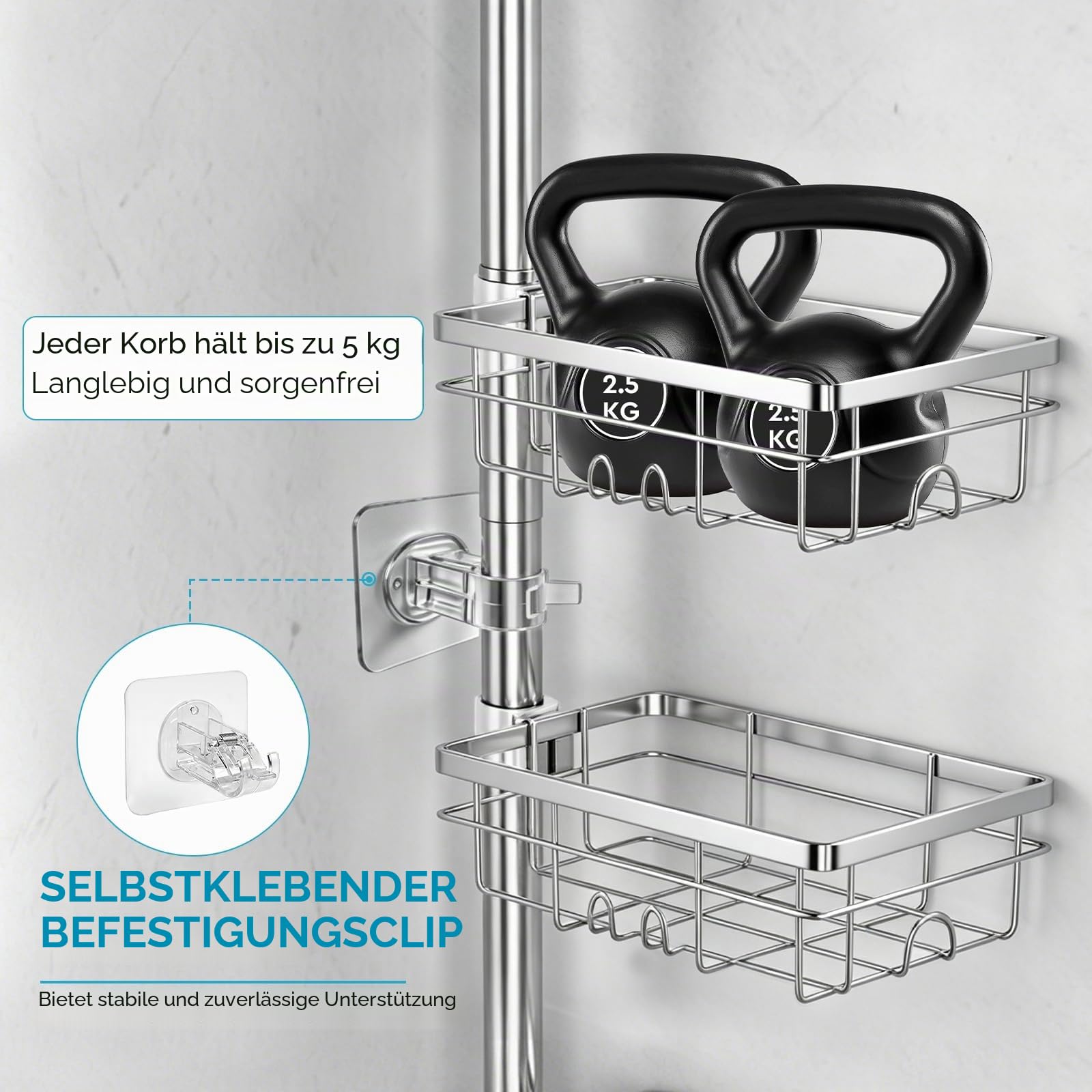 EXLECO Teleskop Duschregal mit 6 Duschkorb, Ohne Bohren, 78-308cm, Silber | Teleskopregal Bad verstellbar, Duschablage Teleskopstange, Badezimmer Regal Ecke mit Handtuchstange Bürstenhalter Seifendose