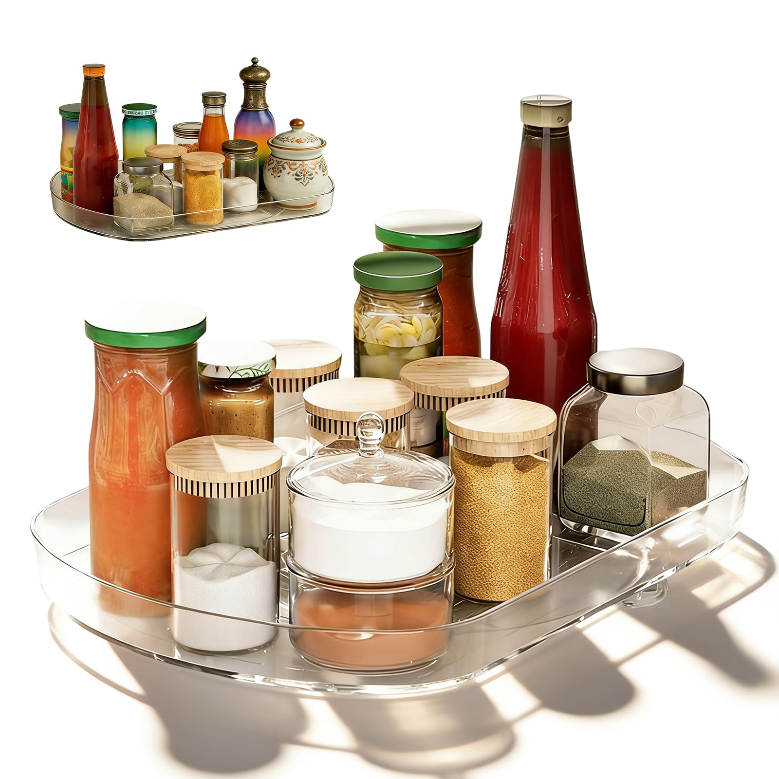 Lazy Susan obrotowy talerz obrotowy, obracany o 360°, prostokątny, wielofunkcyjny organizer kuchenny, taca obrotowa do lodówki, kuchni, organizer na przyprawy, 40 x 28 cm