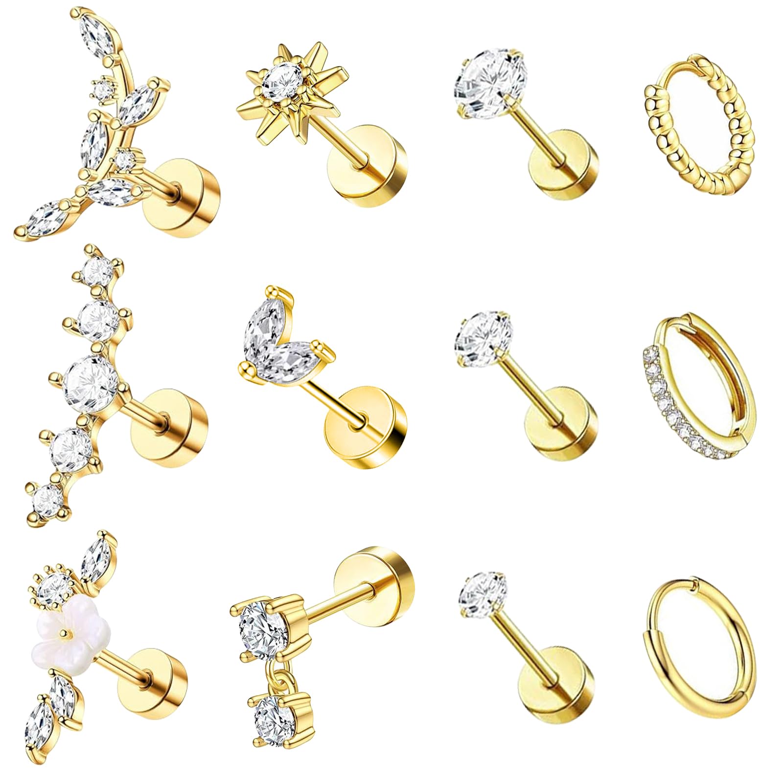 LjFrexia 12 Stück Helix Piercings Set, Tragus Knorpel Ohrringe für Damen Piercing, Gold Silber Conch Helix Tragus Conch Piercing Ohr Schmuck, für Mädchen Geschenk