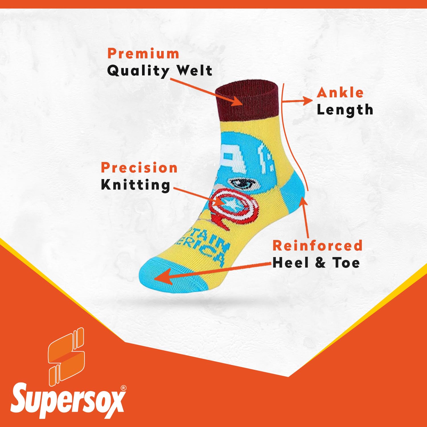 Supersox Ankle Disney Avenger Socks for Kids, Made with Breathable, Anti Odour & Moisture Absorbent Combed Cotton with a Extra Durable Welt, Ideal For All Day Wear (Pack Of 5) - Image 2 thumbnail