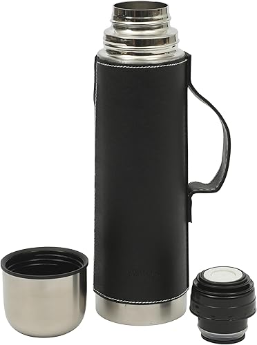 Mr. Coffee Leatherette - Botella térmica de acero inoxidable de 23 onzas, con aislamiento de doble pared con funda de piel sintética y asa de