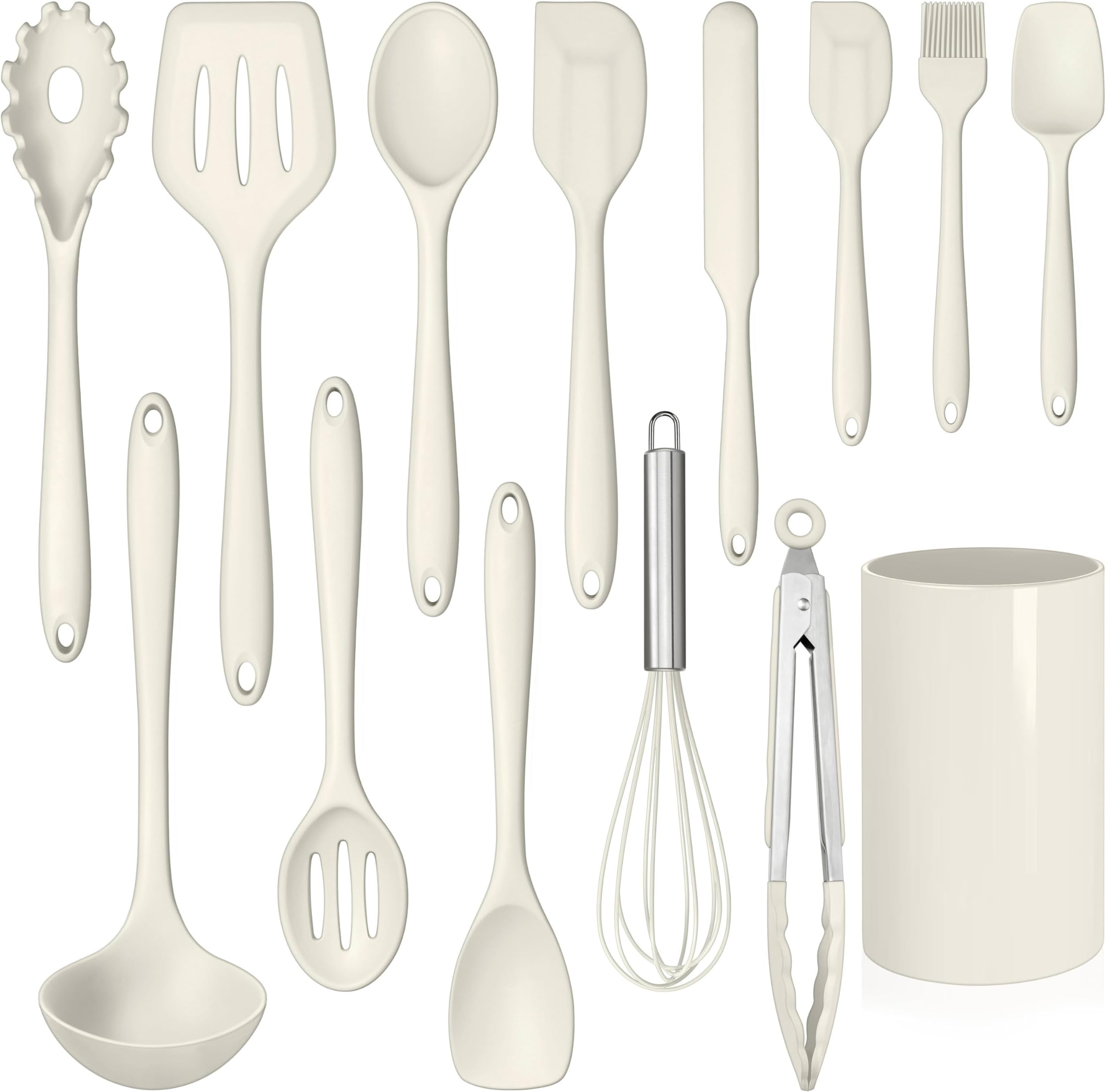 LIANYU 14 Pcs Kitchen Utensils Set with Holder, Silicone Cooking Utensils Spatula Set, Heat Resistant Cookware Tools Includes Spoon Turner Whisk Tong, Dishwasher safe, Cream White