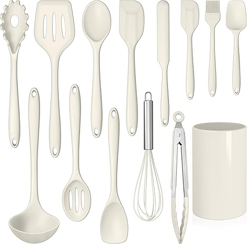 LIANYU Juego de 14 utensilios de cocina con soporte, juego de utensilios de cocina de silicona, incluye espátula, cuchara, pinzas para voltear,