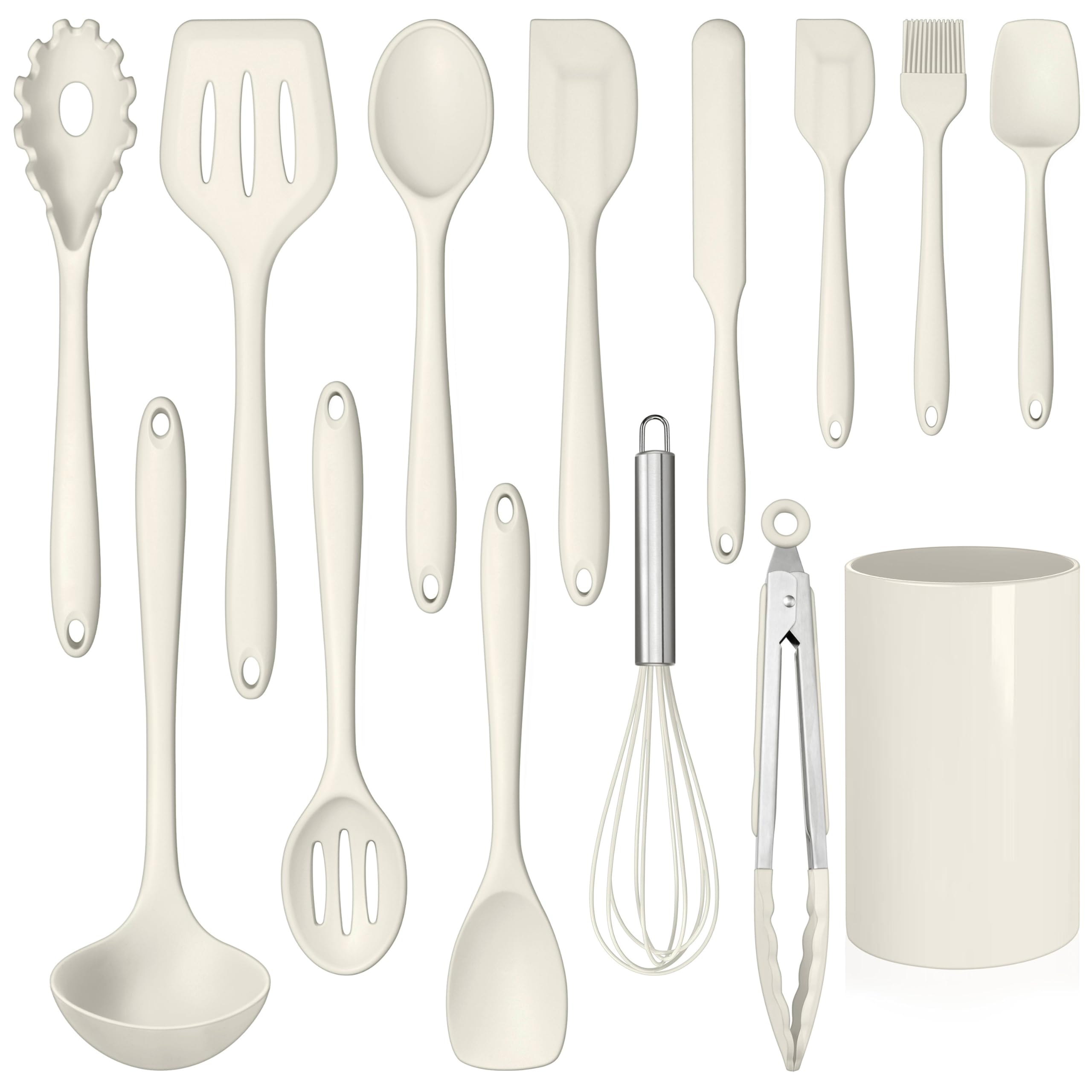 LIANYU Juego de 14 utensilios de cocina con soporte, juego de espátulas de silicona para cocina, resistentes al calor, incluye cuchara volteadora, batidor, pinza para batir, apto para lavavajillas,