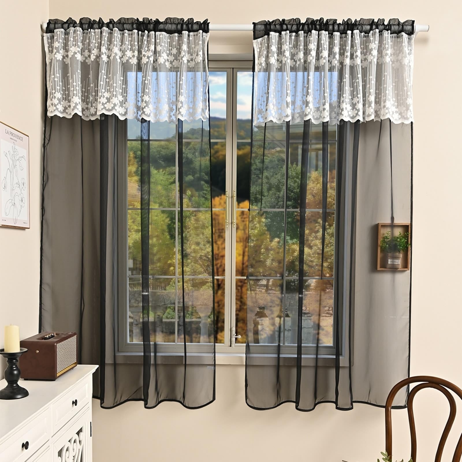 Schwarz Bistrogardinen Einfarbig Blumen Volant, Voile Gardinen,132x213cm
