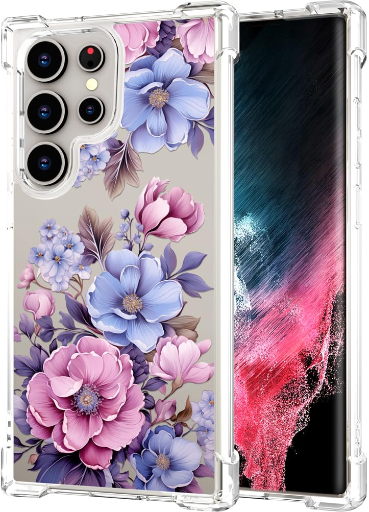 Hungo Compatible for Samsung Galaxy S25 Ultra Case for Women Girls Clear Design Cute,Girly Skin Pink Large Floral Ladies Luxury Anemones Flower